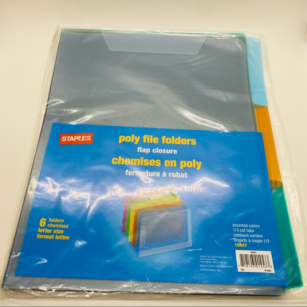 NWT Staples Poly file Folders 6 flap closure assorted colors 1/3 cut
